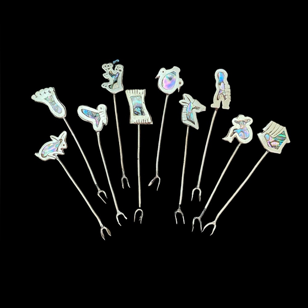 Vintage Retro Mexico Alpaca Silver and Abalone Inlay Appetizer Cocktail Forks